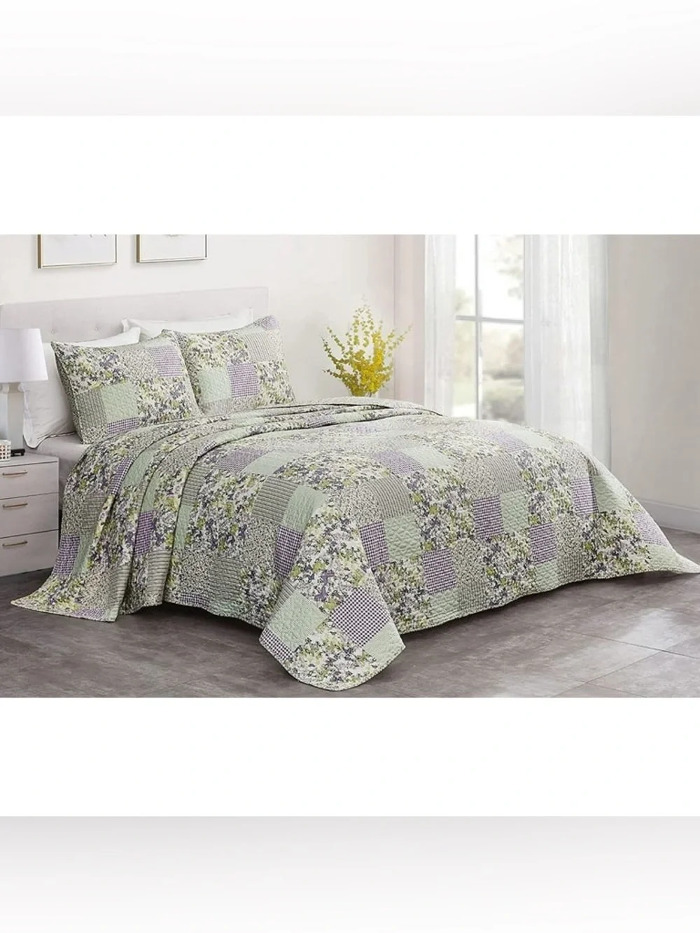 Floral Patchwork Full 3 piece Quilt Set - Lavender & Sage